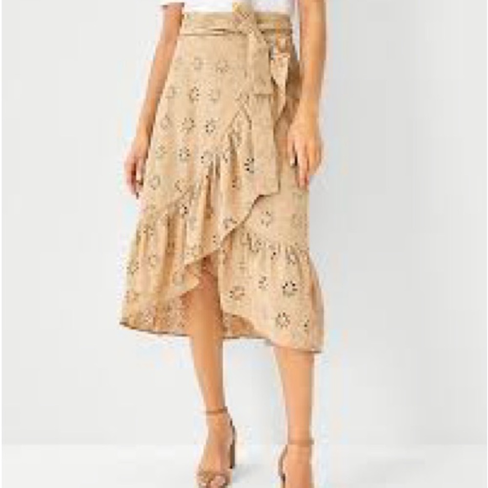 Ann Taylor Tan Wrap Midi Skirt with Ruffled High-Low Hem